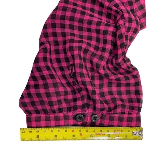 TORRID Women's Loose Button-Up Top Bust 52" Pink Black Plaid Lace Hi-Lo Hem EUC - Picture 13 of 15